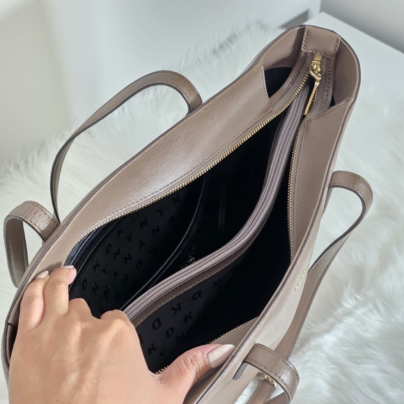 DKNY Taupe Bryant Park Leather Organizer Work Tote w/ Laptop Divider + Dust Bag - Picture 4 of 15